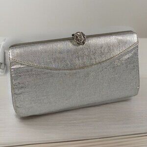 Vtg 1950's Silver Metallic Clutch Wallet w Optional Chain & Jeweled Clasp